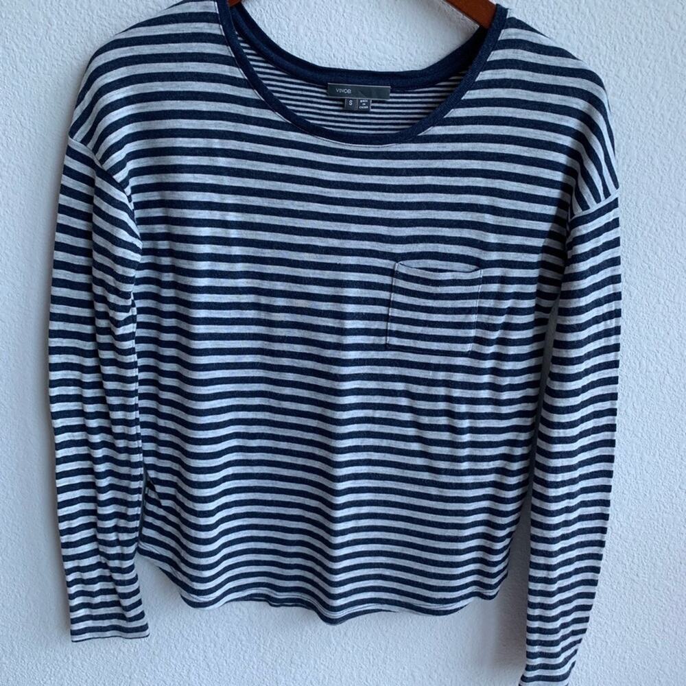 Vince. Navy and Gray Striped Long Sleeve Top Small